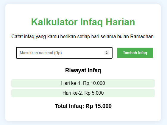 Hari 6 - RamadhanJS 2025 || Proyek: Kalkulator Infaq Harian