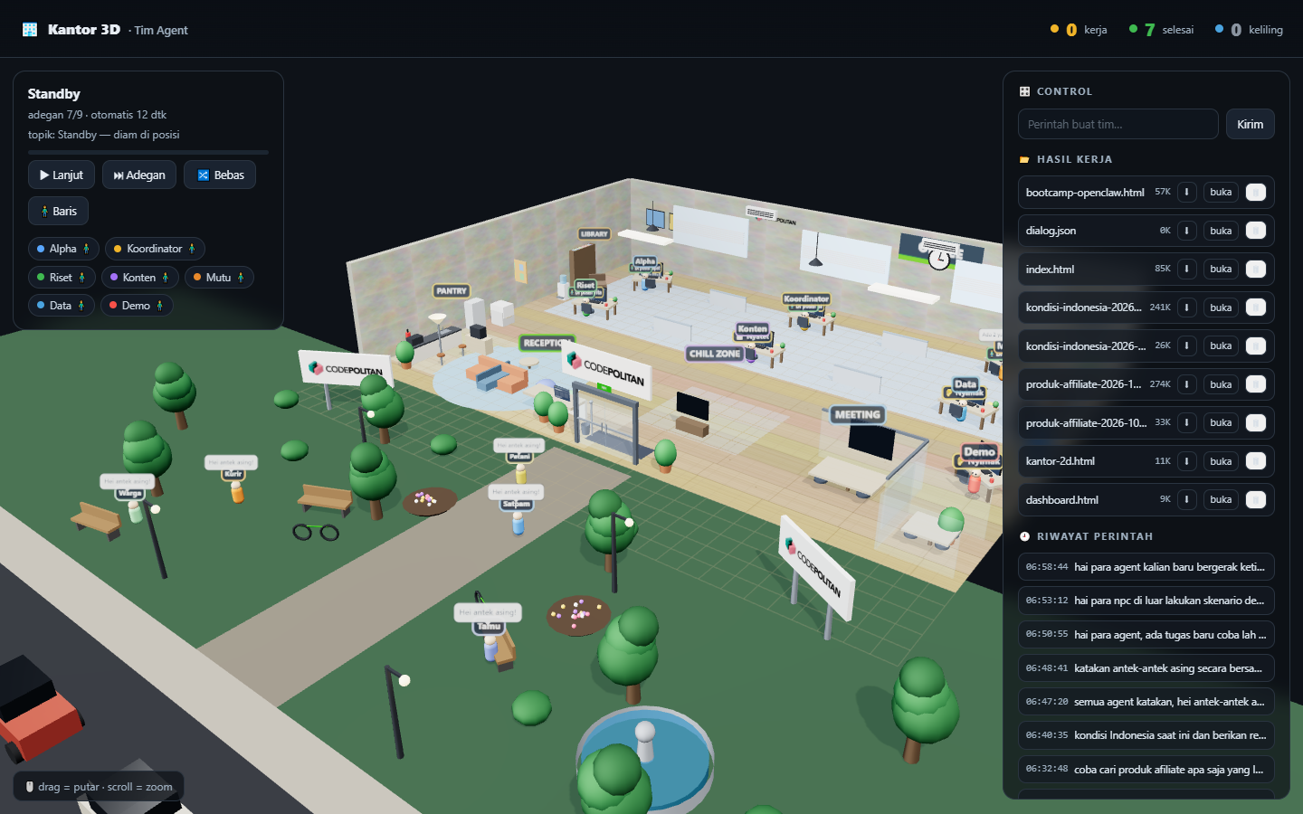 Kantor virtual 3D: tim agen AI bekerja di ruang kantor